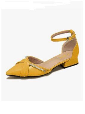 YDN Yellow Pointed Toe Pearl Pumps Block Low Heel D'orsays Ankle Strap Shoes
